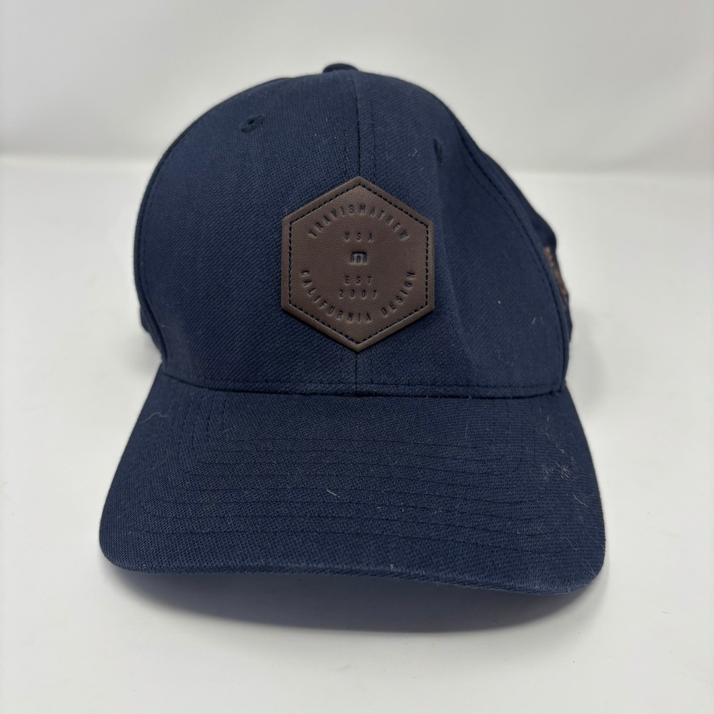TravisMathew Hat Mens S-M Navy Blue Leather Patch Flexfit Baseball Cap